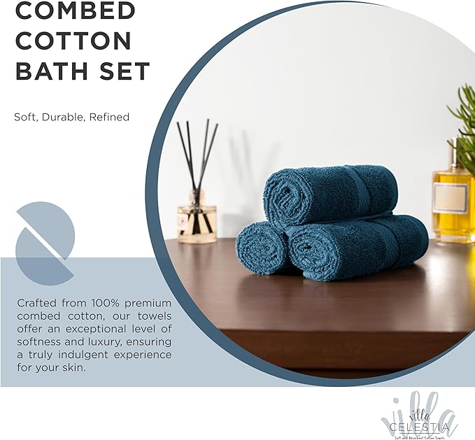 Villa Celestia 100% Cotton Bath Towel Set of 12-4 Bath Towels, 4 Hand Towels, 4 Wash Cloths, Sustainable, Soft, Highly Absorbent, Combed Cotton 12 Piece Set for Hotels, Spa, Bathroom, Dorm, Blue