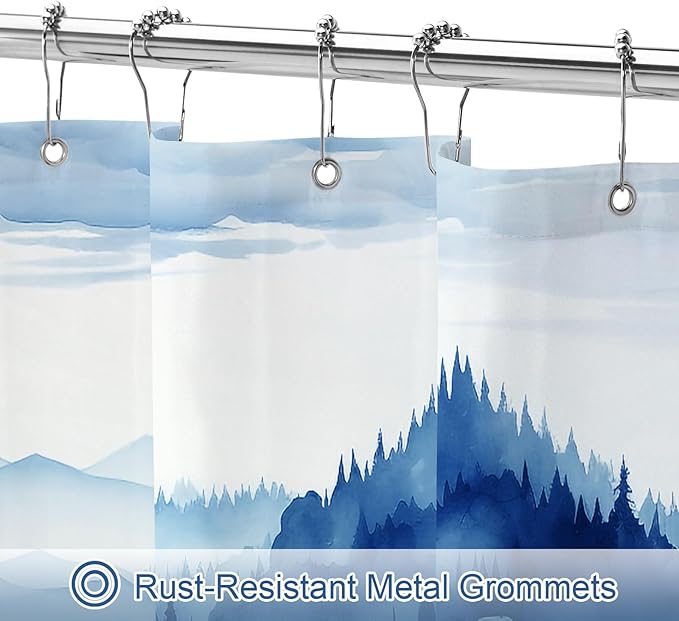 Litabel Navy Blue Extra Long Misty Pine Forest Shower Curtain 72 x 84, XL Mountain Foggy Woodland Scenery Tree Shower Curtains for Bathroom, Abstract Waterproof Nature-Themed Decor
