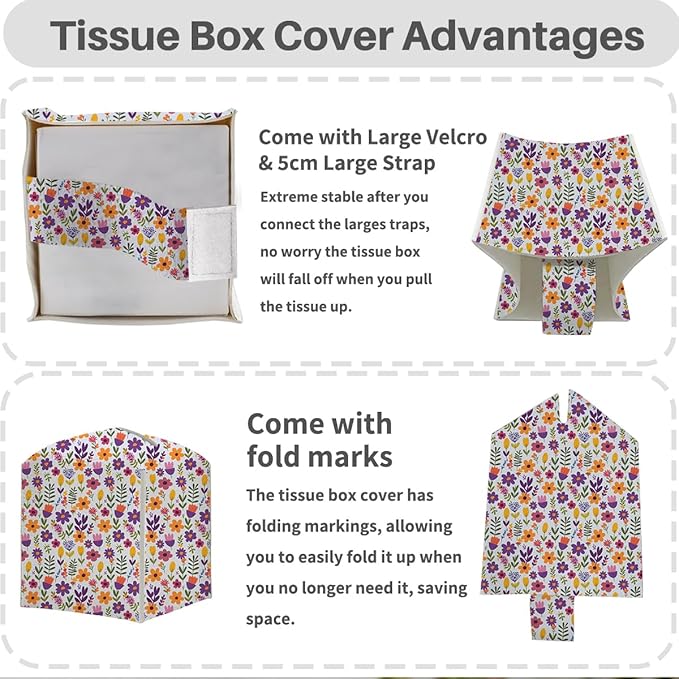 Tissue Box Cover, Tissue Box Holder, Square with Belt Bottom, PU Leather Decorative Organizer for Desk, Tabletop, Countertop Bathroom, Toilet Car, Office, Dresser Bedside, Aesthetic Plant Flower Decor