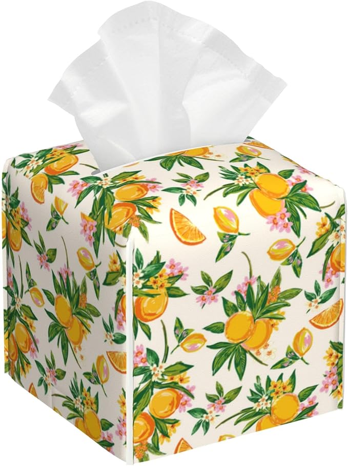 POIUBLE Tissue Box Holder Orange Fruit Floral Tissue Box Cover Square Leather Tissue Holder Organizer Portable Decorative Facial Paper Case for Home Office Bathroom Vanity Countertop