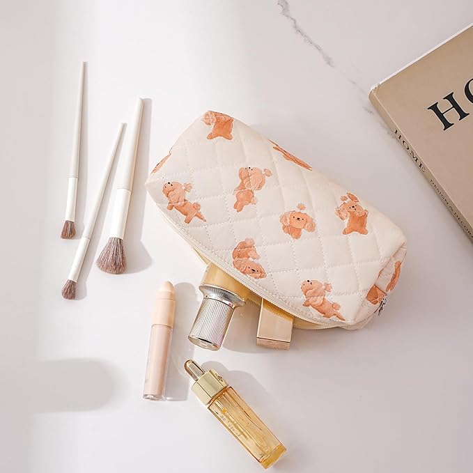 WHHJM Cute Floral Makeup Brush Bag Small Cotton Quilted Cosmetic Bag for Women Travel Toiletry Zipper Make Up Pouch (Little dog)