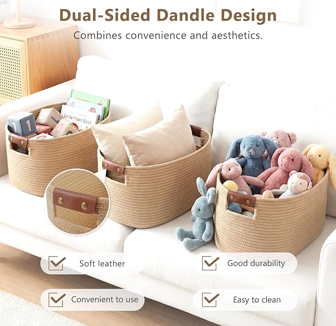 ECDYQXVU Cotton Rope Basket, Storage Baskets with Handle, 15x10x9 Inch Woven Basket for Shelves, Laundry, Towels, Clothes, Books (Jute/Brown 3Pack)
