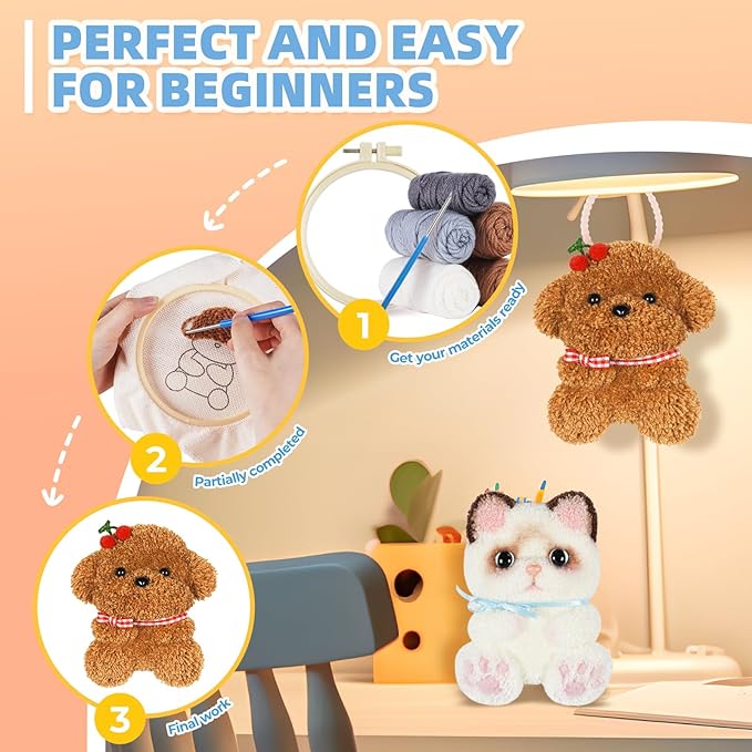 Punch Needle kit-4,Embroidery kit for Beginners,Punch Needle Kits Adults Beginner,Needles, Curved Scissors, a Tool Storage Box, Yarn, Easy-to-Follow Instructions, and Tutorial Videos(Cats and Dogs)