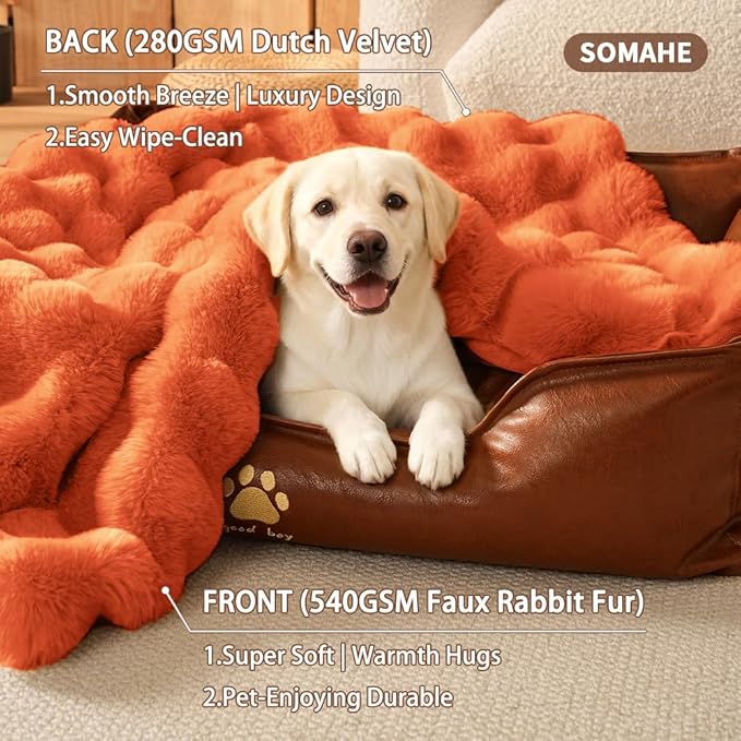 SOMAHE Dog Blanket Self-Warming Throw for Medium & Large Dogs, Dual-Side Sherpa Plush, Thick Crate Bed Cover & Car Seat Mat, Anti-Static Machine Washable No Shrink, 39x30 Inch Orange