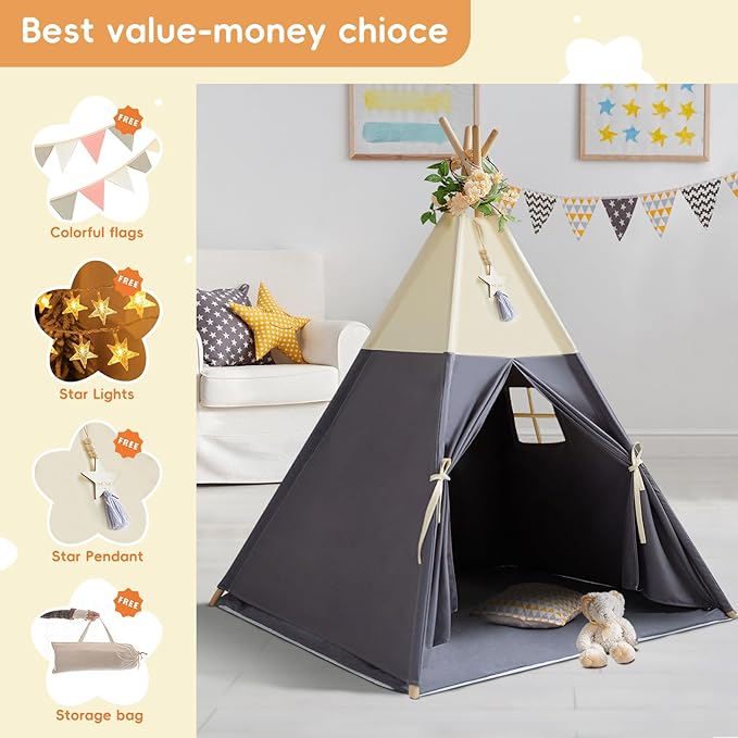 RONGFA Teepee Tent for Kids, 100% Cotton Play Tent with Mat, Kids Teepee Tent with Colored Flag, Quality Portable Play Tent with Carry Bag for Girls and Boys Indoor Outdoor (Beige Gray with Mat)