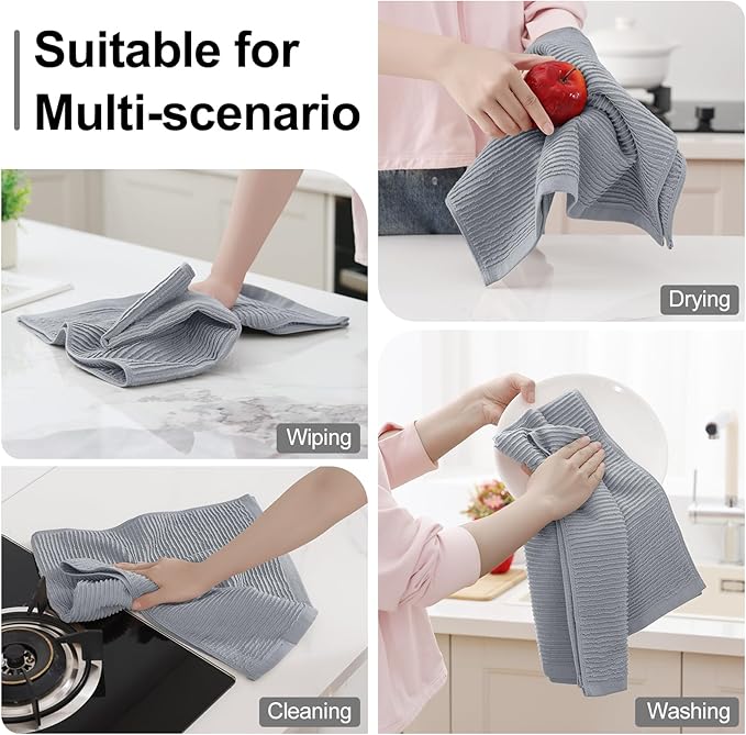 Homaxy Premium Kitchen Towels (18"x 28", 8 Pack), Large 100% Cotton Kitchen Hand Towels, Ultra Absorbent Ribbed Terry Tea Towels Set with Hanging Loop, Grey