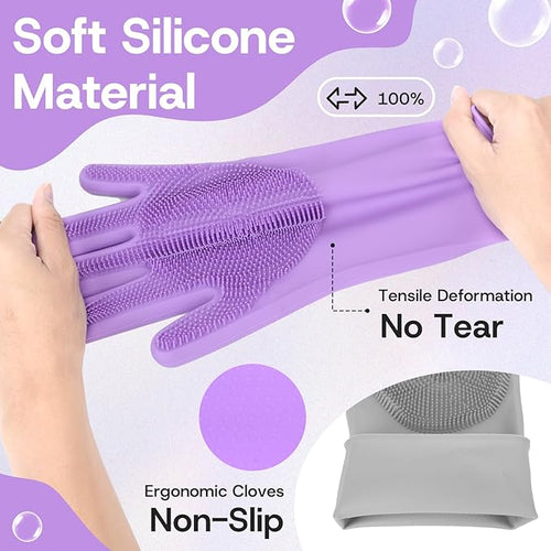 2-Pair Pet Hair Remover Glove for Dogs and Cats Washing, Grooming, & Deshedding – Multipurpose Silicone Dog Bath Gloves, Cat Brush Glove Mitt for Pet Cleaning & Household Use (Purple & Grey)