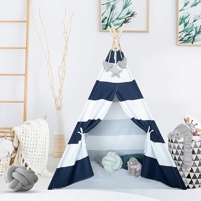 Ukadou Kids Teepee Tent for Boys Navy White Stripe Teepee Tent Indian Canvas Tents for Toddlers Indoor Playhouse Play Tent for Kids