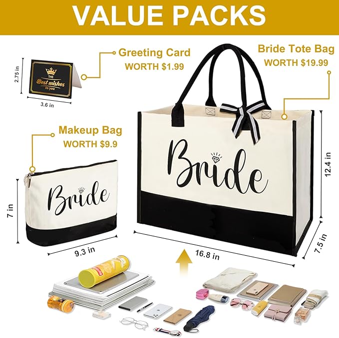Vanqruo Bride Gifts Canvas Tote Bag with Makeup Bag, Wedding Gifts for Bridal Shower Bachelorette Party Engagement Honeymoon, Miss to Mrs, Bride to Be, Bridal Shower Decorations