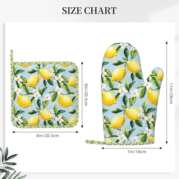 Oven Mitts Pot Holders Set Lemon Watercolor Flower Silicone Kitchen Gloves Potholders Heat Resistant for Chef Baking Cooking Grilling BBQ 4 Pack Mitt