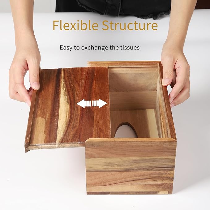 CATORY Tissue Box Cover, Acacia Wood Tissue Box Cover Rectangle, Tissue Box Holder Rectangular Covers Your Tissues, Decorative Tissue Box Cover with Slide-Out Bottom