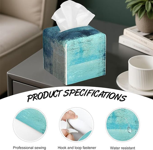 Abstract Turquoise Grey Art Tissue Box Cover,PU Leather Tissue Box Holder Square,Modern Home Decoration for Bathroom Living Room Kitchen Office Car,5.2"×5.2"×5.2"
