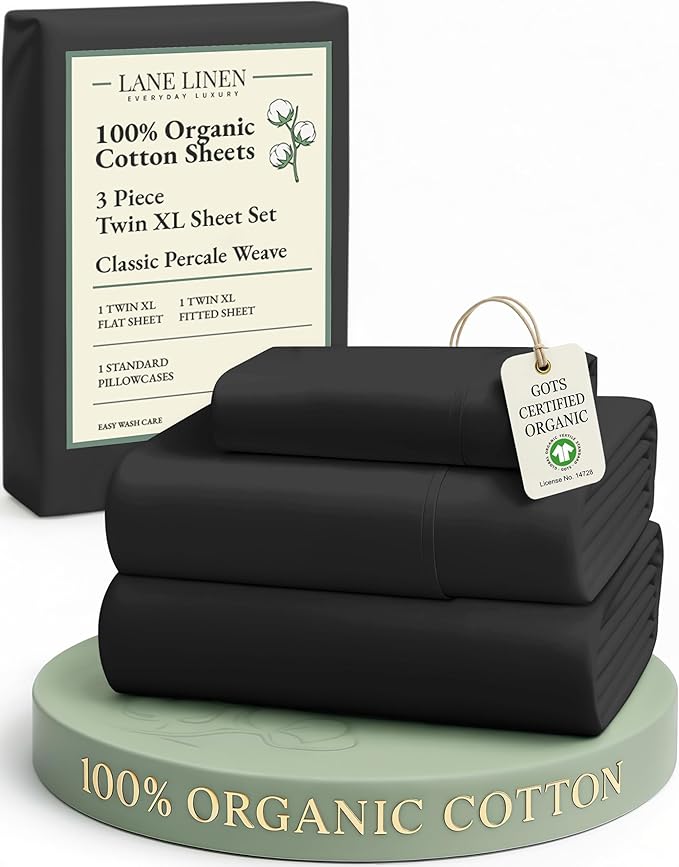 LANE LINEN 100% Organic Cotton Bed Sheets Extra Long Twin, Soft & Comfy Fully Elasticized Percale Perfect for Hospital Bed & Dorm Room, Low Pilling Machine Washable Twin XL Sheet- Black