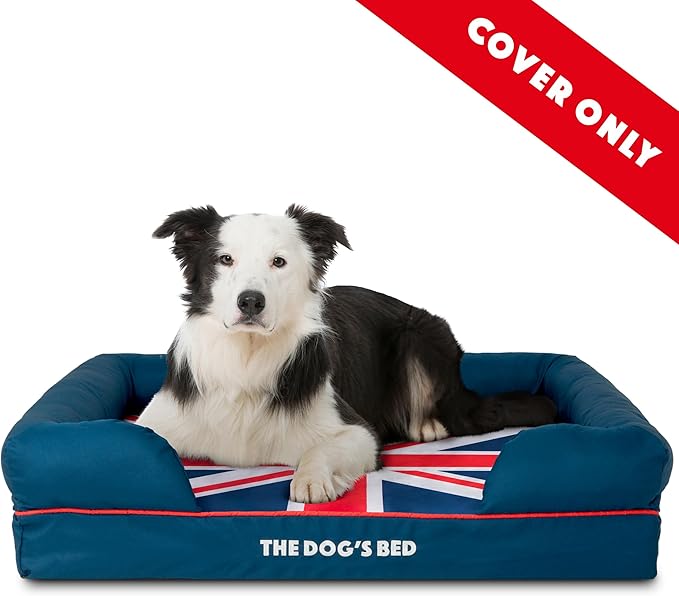 The Dog's Bed Replacement Outer Cover ONLY (NO Bed, NO Waterproof Inner) for The Dog's Bed, Washable Oxford Fabric, Large (Blue with Red Piping UK Flag Embroidery & Centre Flag) Veterinary Approved