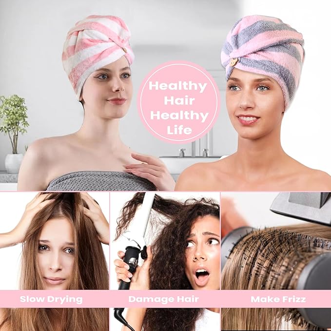 YHPDYL 3 Pack Microfiber Hair Towel Wrap for Women, Fast Drying Hair Turban with Button, Anti-Frizz Large Hair Towel for All Hair Styles, Soft & Absorbent Hair Drying Towel