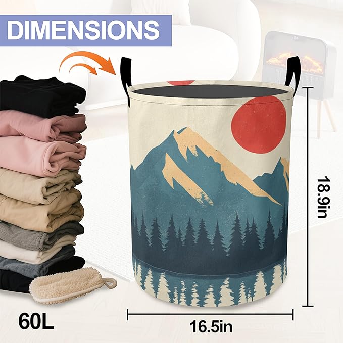 Laundry Basket,Boho Mountains Sun Large Canvas Fabric Lightweight Storage Hamper Organizer Dirty Clothes Collapsible Waterproof for College Dorms,Bathroom