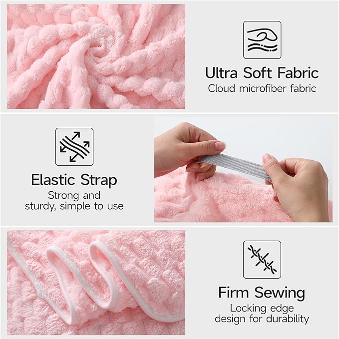 REDKISS 2 Pack Microfiber Hair Towels - Extra Large Hair Towel Wrap for Women, 24x42 inch Pink Hair Towels with Elastic Strap, Super Soft Grey Hair Drying for Long, Curly Anti Frizz Turbans