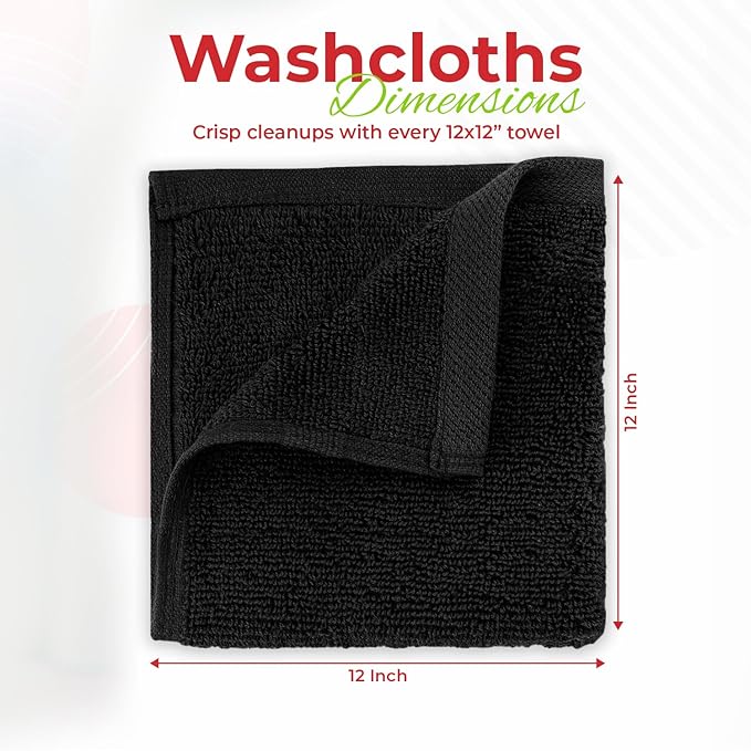RIVERSIDE 12 Pack Washcloths - 12x12 Inches, 500 GSM, 100% Ring-Spun Cotton - Soft, Absorbent & Durable Face and Body Towels - for Bathroom, Spa, Gym, Makeup Removal & Everyday Use - Black