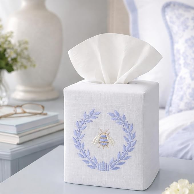 Jacaranda Living Square Tissue Box Cover, Linen/Cotton Fabric Tissue Holder, Decorative Cloth Tissue Cube Cover, Nature Designs Napoleon Bee Wreath (Navy)