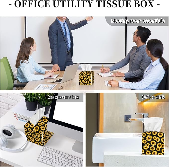 PVC Tissue Box Cover Holder,Sunflower Square Decorative Organizer,5.2"X5.2"X5.2" Tissue Case for Bathroom,Tabletop,Car,Office