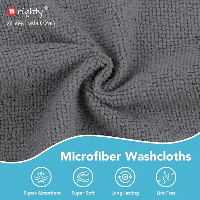 Orighty Washcloths Towels Set 20 Pack, Highly Absorbent and Soft Feel Microfiber Face Cloths, Multi-Purpose Wash Cloths & Hand Towels for Bathroom, Hotel, Spa, and Gym, 11.5x11.5 Inch, Grey