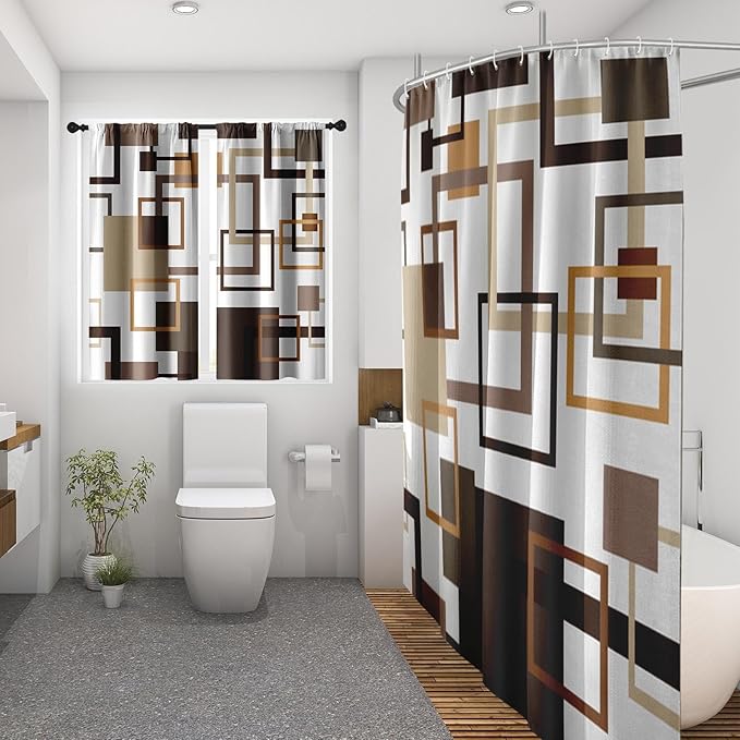Culudea Geometric Vintage Brown Shower Curtain Set, Abstract Modern Line Bathroom Window Waterproof Shower Curtain Set for Bathroom Decor
