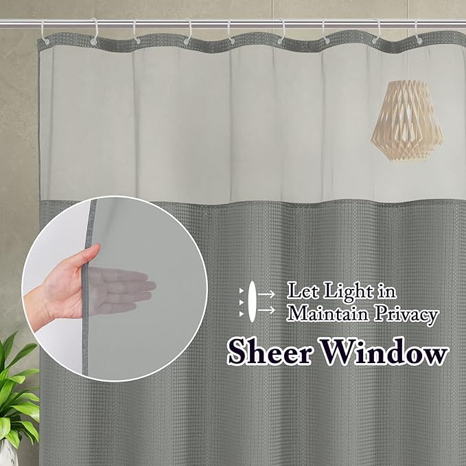 Gibelle Waffle Weave Shower Curtain with Mesh Top Window and Hooks Set, Spa Like Hotel Style Fabric Shower Curtain for Bathroom, Grey, 72x72