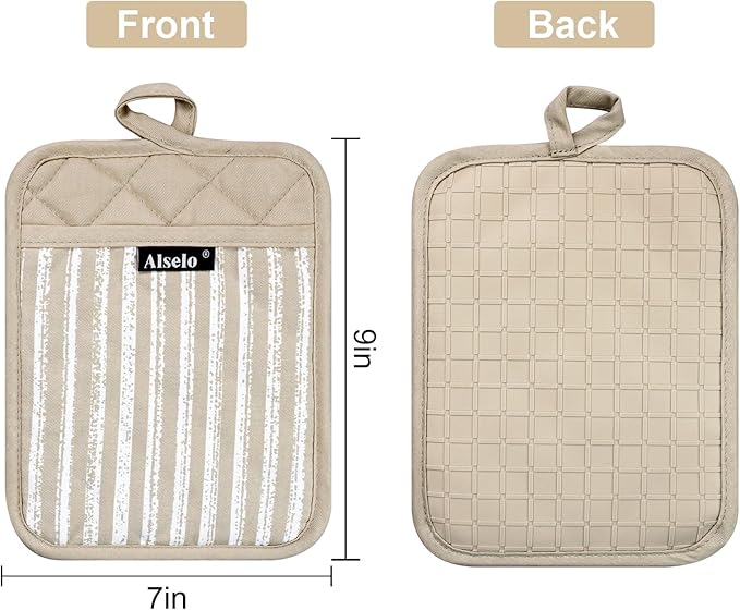 Silicone Pot Holders Set of 3 Heat Resistant & Non Slip Potholders, Professional Oven Hot Pads with Pockets Mitts for Kitchen Cooking Baking Barbecue (Khaki, 3)