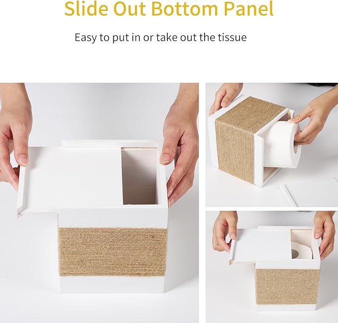 CATORY Tissue Box Cover, Wood Tissue Box Cover Square, Farmhouse Tissue Box Holder Covers Your Tissues, Decorative Tissue Cube Box Cover with Slide-Out Bottom (White)