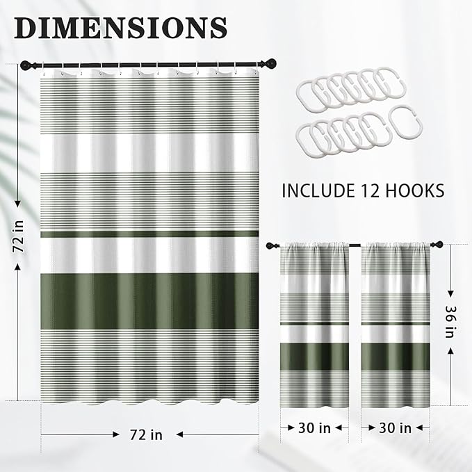 Culudea Striped Modern Boho Waffle Textured Cloth Shower Curtain Set, Sage Green White Horizontal Stripe Bathroom Window Waterproof Shower Curtains for Bathroom Decor