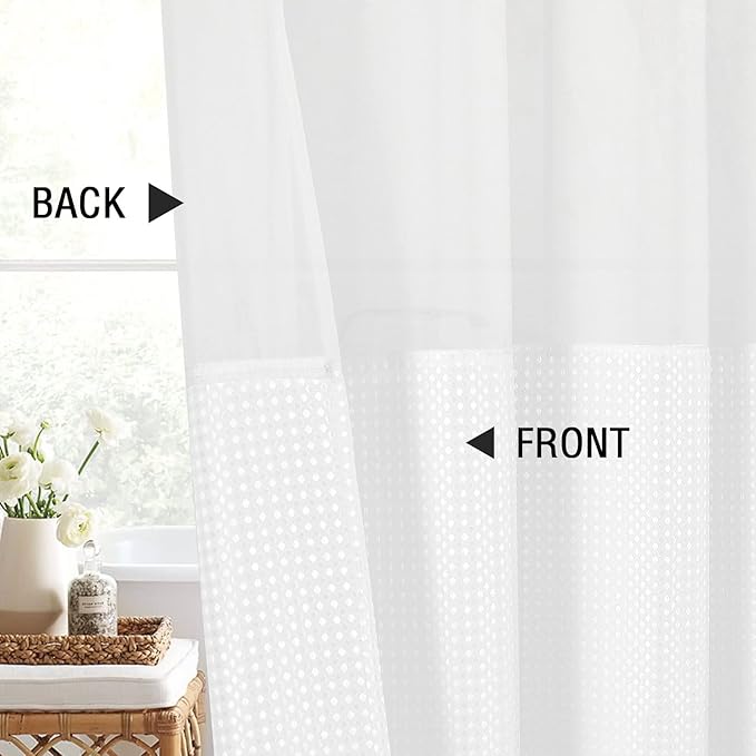 Gibelle Waffle Weave Shower Curtain with Mesh Top Window and Hooks Set, Spa Like Hotel Style Fabric Shower Curtain for Bathroom, White, 72x72