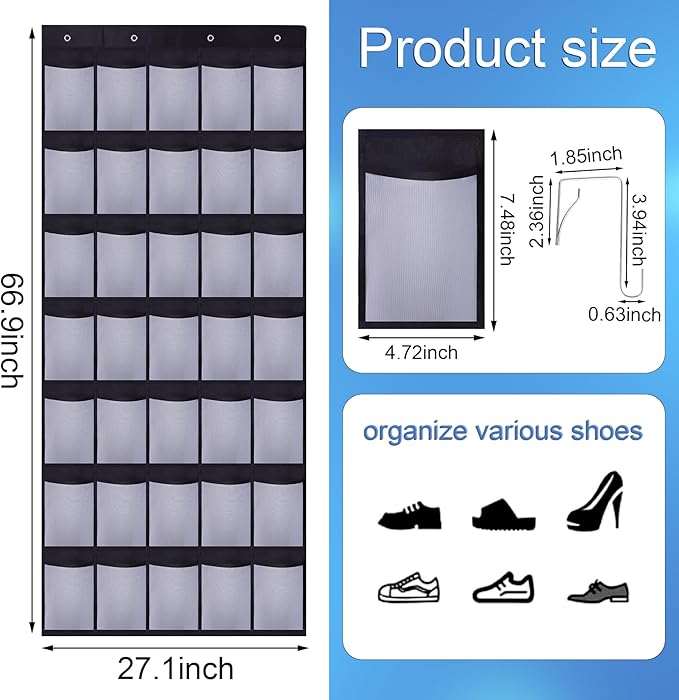 Teikou 35Large Pockets Over The Door Shoe Organizer, Mesh Pockets Shoe Holder Rack, Capacity Shoe Hanging Storage，door shoe rack With 4 Metal Hook.