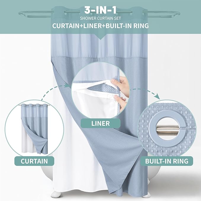 eachope ForstBlue No Hook Waffle Weave Shower Curtain with snap-in Liner Replacement, 230GSM Waterproof Fabric Hotel Shower Curtain Set for Bathroom, Through Mesh Top Window,54Wx80H