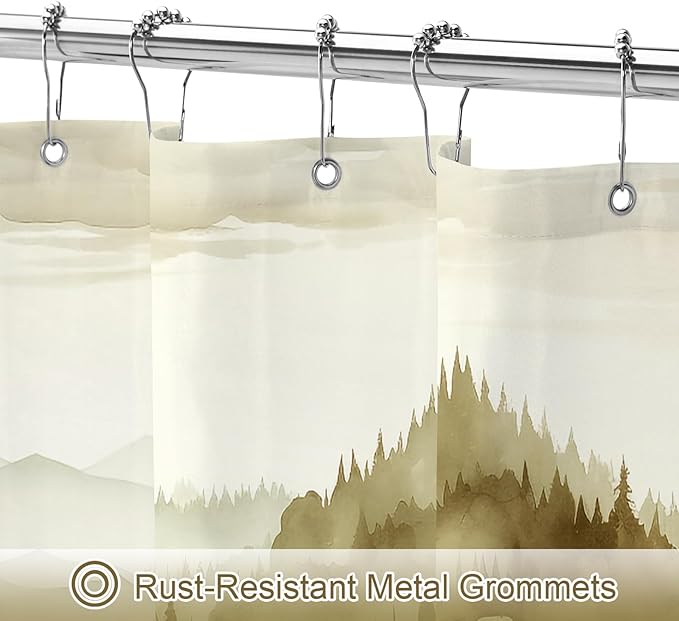 Litabel Yellow Long Misty Pine Forest Shower Curtain 72 x 78, Mountain Foggy Woodland Scenery Tree 78 Inch Long Shower Curtains for Bathroom, Abstract Waterproof Nature-Themed Decor