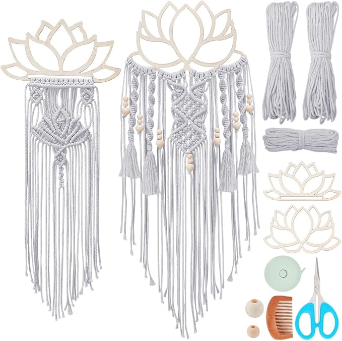 FREEBLOSS 2 Set DIY Macrame Lotus Wall Hanging Kit Macrame Tapestry Kit with Instructions Wooden Frames for Adults Beginners Lotus Wall Hanging Decor for Living Room Bedroom