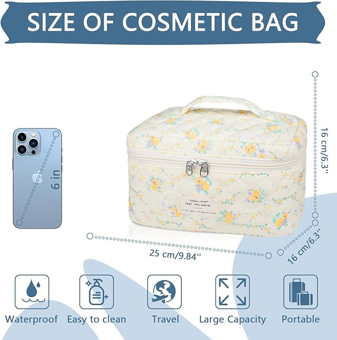 Large Makeup Bag, Cute Cosmetic Bag for Women Girls, Floral Coquette Aesthetic Toiletry Bag, Travel Make Up Organizer Bag (Yellow Flowers)