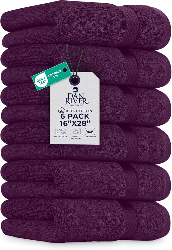 DAN RIVER 6-Pack Premium Hand Towels (16x28 Inches) - 100% Cotton, Ultra Soft, Lightweight, Highly Absorbent Towels for Bathroom, Spa, Gym, Salon, Hotel, and Travel - Purple Passion