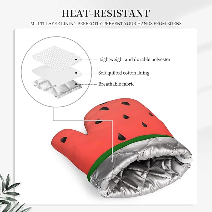 Oven Mitts and Potholders Watermelon Print Silicone Glove Heat Resistant, Kitchen Gloves for Cooking, 2-Piece Set