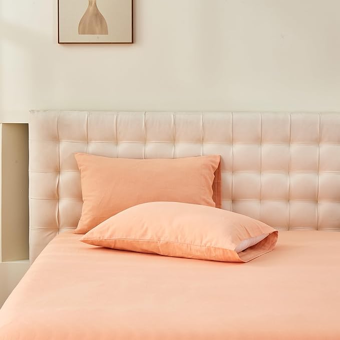 Simple&Opulence Belgian Linen Sheet Set Solid Color - 4 Pieces (1 Flat Sheet & 1 Fitted Sheet & 2 Pillowcases) Natural Flax Cotton Blend Soft Bedding Breathable Farmhouse - Peach, King Size
