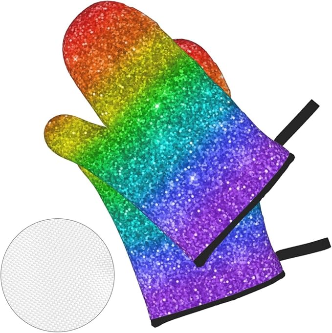 Colorful Rainbow Glitter Oven Mitts and Pot Holders Set of 4, Oven Mittens and Potholders Heat Resistant Gloves for Kitchen Cooking Baking Grilling BBQ