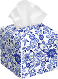 OHEGBXE Tissue Box Holder Watercolor Blue Flowers Square Leather Tissue Box Cover Modern Cube Facial Paper Cover Case for Bathroom Vanity Countertop Night Stands Tabletop