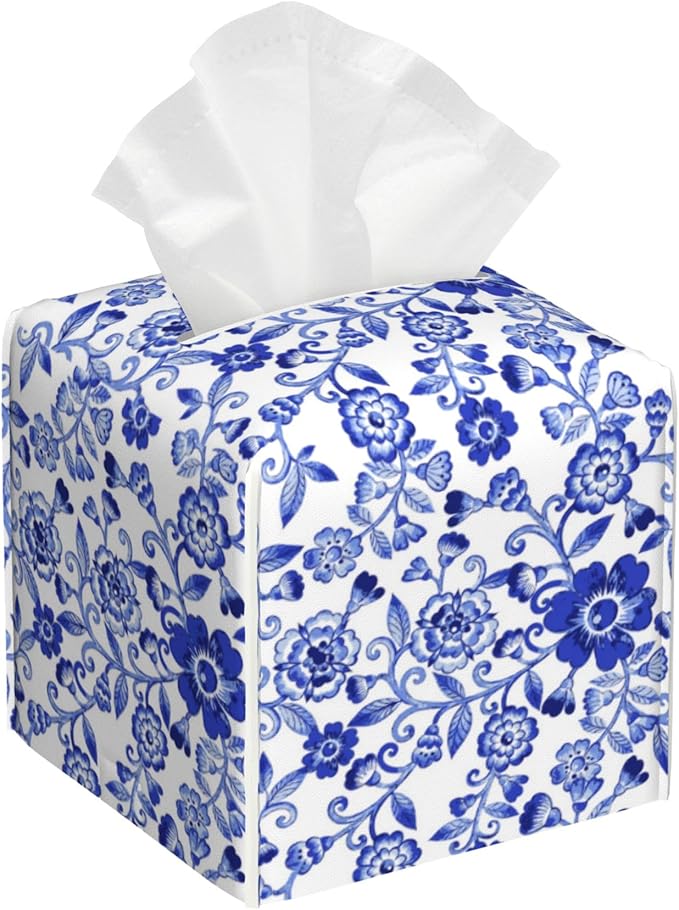 OHEGBXE Tissue Box Holder Watercolor Blue Flowers Square Leather Tissue Box Cover Modern Cube Facial Paper Cover Case for Bathroom Vanity Countertop Night Stands Tabletop
