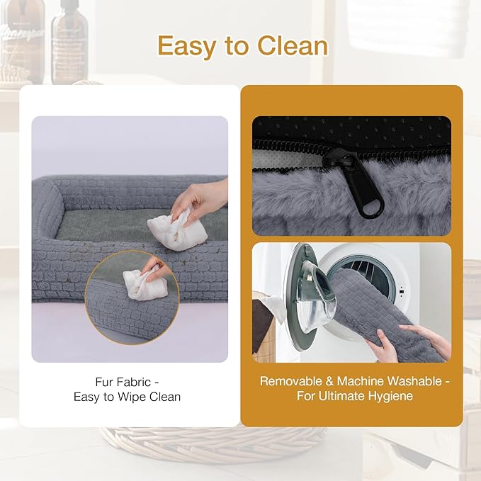Plush Orthopedic Dog Bed for Medium Large Dogs, Memory Foam Bolster Sofa Bed with Removable Washable Cover, Waterproof Lining & Non-Slip Bottom (Grey-L)