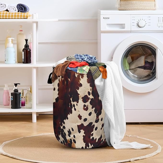Brown Cow Skin Print Laundry Basket with Sturdy Handles, Nature Cowhide Collapsible Oxford Cloth Laundry Hamper Organizer Basket for Bathroom Bedroom 15.7x20 Inch