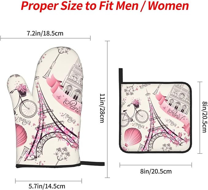 Paris Eiffel Tower Oven Mitts and Pot Holders 4 Pcs Set Oven Gloves and Potholders for Cooking Microwave BBQ Baking Grilling