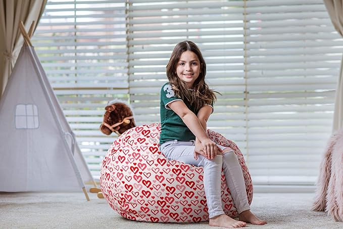 WEKAPO Stuffed Animal Storage Bean Bag Chair Cover for Kids | Stuffable Zipper Beanbag for Organizing Children Plush Toys Large Premium Cotton Canvas (Heart, X-Large)