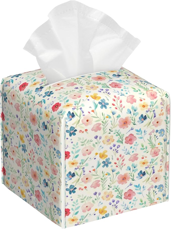 Watercolor Floral Tissue Box Cover,Colorful Flowers Waterproof Leather Square Tissue Box Cover Case Facial Paper Organizer Dispenser Box Holder for Home Office Bathroom Vanity Countertop