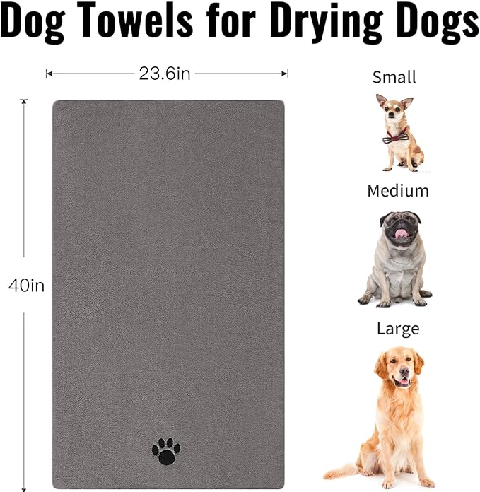 Puomue Microfiber Dog Towels for Drying Dogs, Super Absorbent and Soft Pet Grooming Towel, 40 Inch X 23.6 Inch, Perfect Dog Shower & Bath Supplies for Large, Medium or Small Dogs, Grey