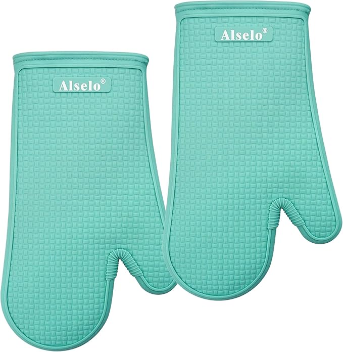 Oven Mitts Heat Resistant Silicone Kitchen Gloves for 550 Degrees with Waterproof and Non-Silp, Set of 2 Oven Gloves for Baking Cooking Barbecue Microwave Machine Washable (Blue, 2)