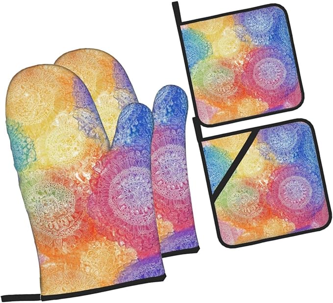 Oven Mitts and Pot Holders Sets of 4 Colorful Rainbow Mandala Pattern Kitchen Potholder Gloves Heat Resistant Non-Slip for Chef Baking Cooking Grilling BBQ Mittens